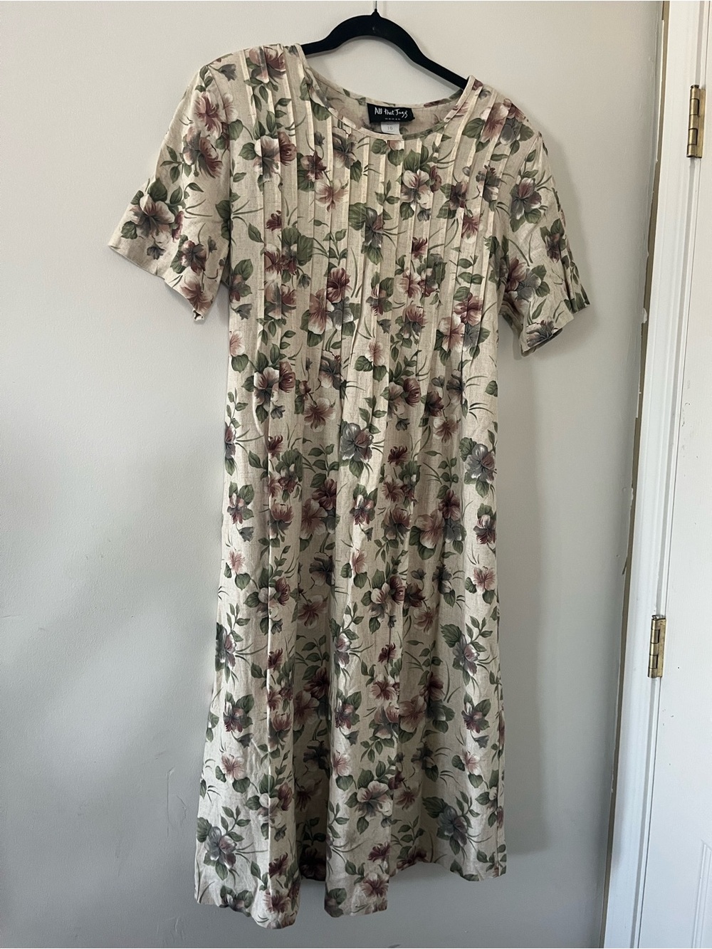 Vintage 90s Beige Purple Floral Pleated Linen Midi Dress 16 Cottagecore Modest